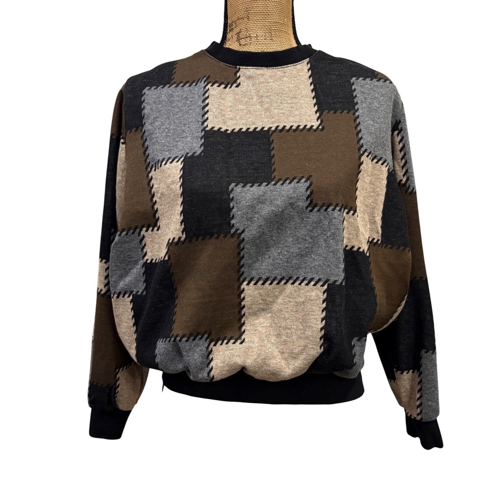Alfred Dunner Vintage Patchwork Sweatshirt Brown Tan Gray Neutral Earthy Medium
